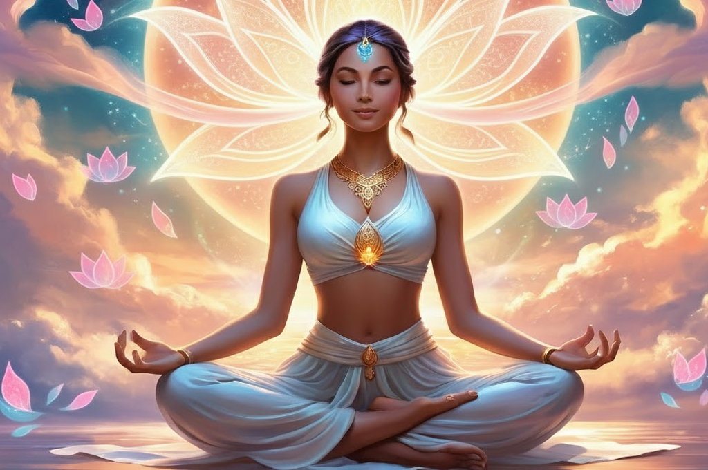 A serene woman meditating in lotus pose with glowing lotus petals behind her, symbolizing inner awakening, mindfulness, and spiritual balance inspired by The Lotus Method.