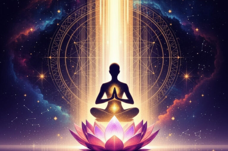 A meditating person sitting on a glowing lotus flower with divine golden light symbolizing mind rewiring, inner awakening, and spiritual growth in The Lotus Method philosophy.