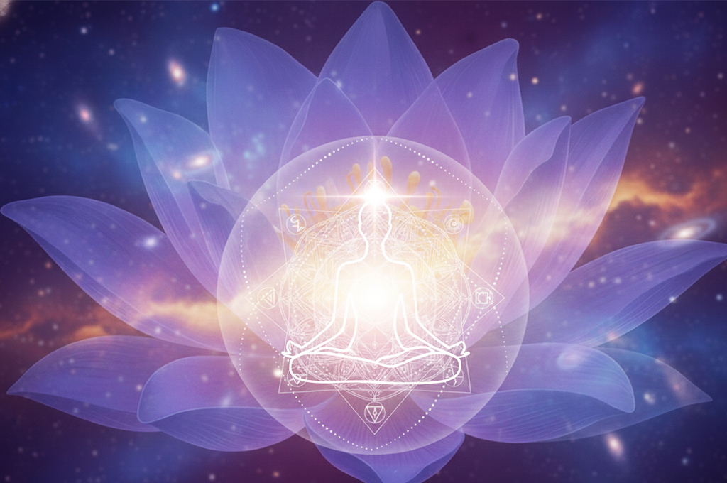 A glowing meditating figure within a cosmic lotus flower, symbolizing enlightenment, inner transformation, and spiritual awakening through The Lotus Method.