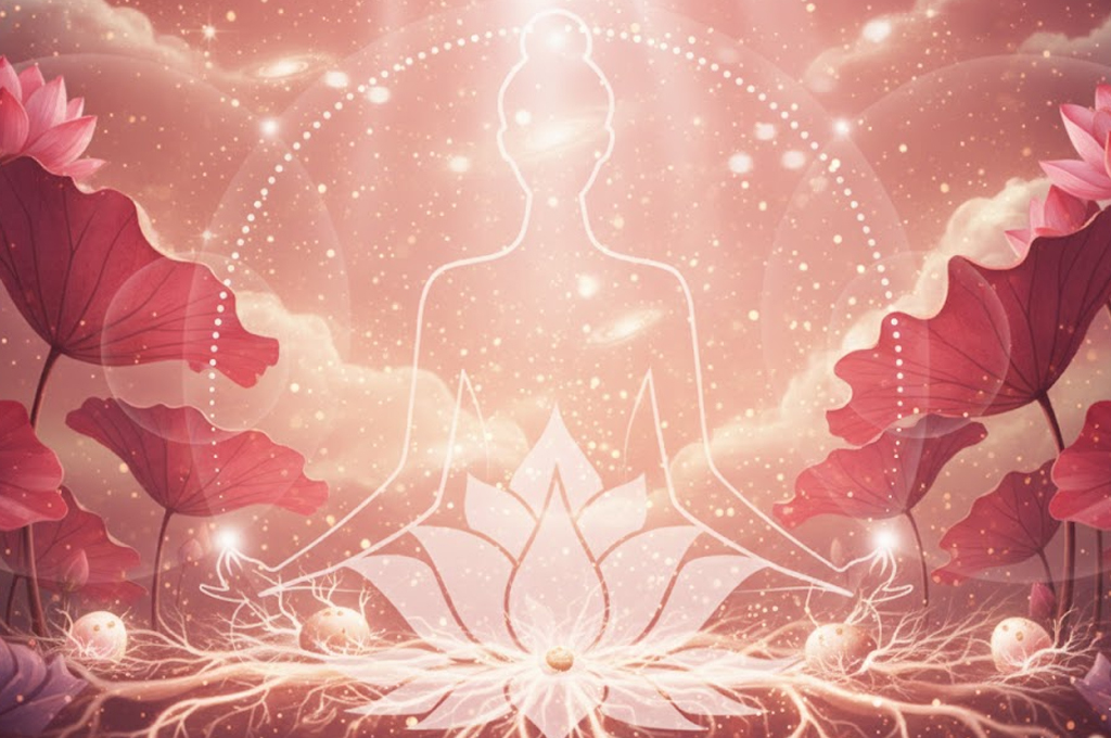 A glowing outline of a meditating human figure surrounded by blooming lotus flowers and energy roots symbolizing mind-body connection, inner awakening, and The Lotus Method philosophy.