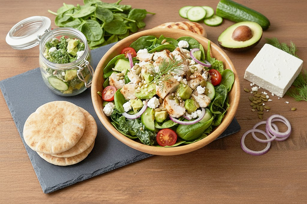 A high-protein chicken salad bowl in a wooden bowl on a slate surface. The salad contains grilled chicken, spinach, cherry tomatoes, cucumber, avocado, red onion, and feta cheese.