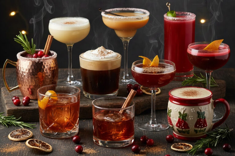Must-Try Drinks, A festive table setting featuring nine distinct Christmas cocktails including Winter Mule, Eggnog, and Martini with holiday decorations