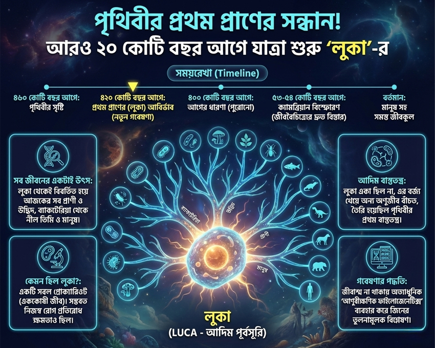 Infographic illustrating new research findings on the origin of life and the timeline of LUCA (Last Universal Common Ancestor) on Earth.