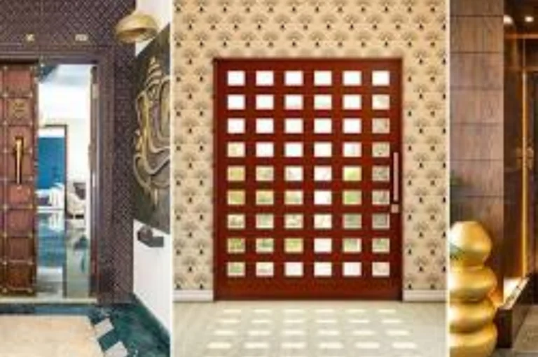 Main door vastu tips design with wooden entrance and decorative patterns for positive energy and prosperity