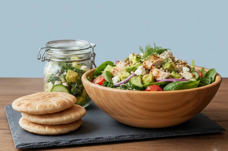 Healthy Chicken Salad Bowl Recipe in Bengali with grilled chicken, fresh vegetables, cucumber, tomato, spinach, and feta cheese – perfect low calorie tiffin idea.