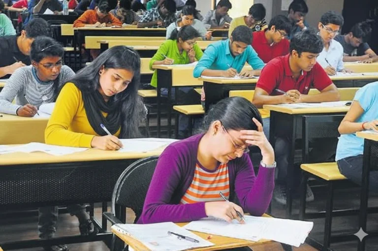 Students writing the WBPSC Clerkship Main Exam 2025 in an examination hall.