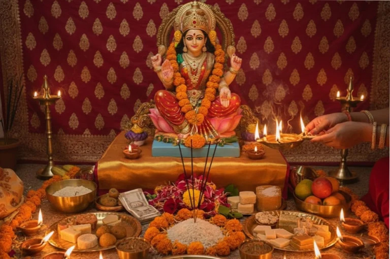 Goddess Lakshmi Puja with diyas, sweets, and offerings following Thursday Lakshmi Puja Rules.
