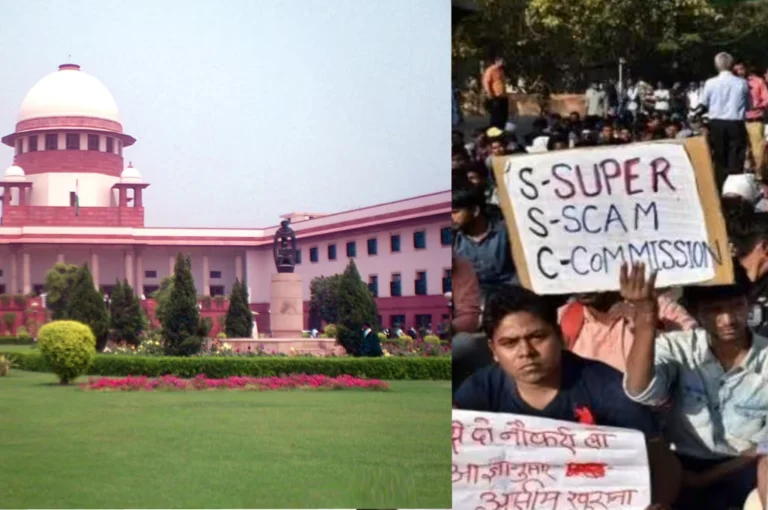 Supreme Court building and teacher candidates protesting about recruitment issues — related to Supreme Court Teacher Recruitment Extension case in India.