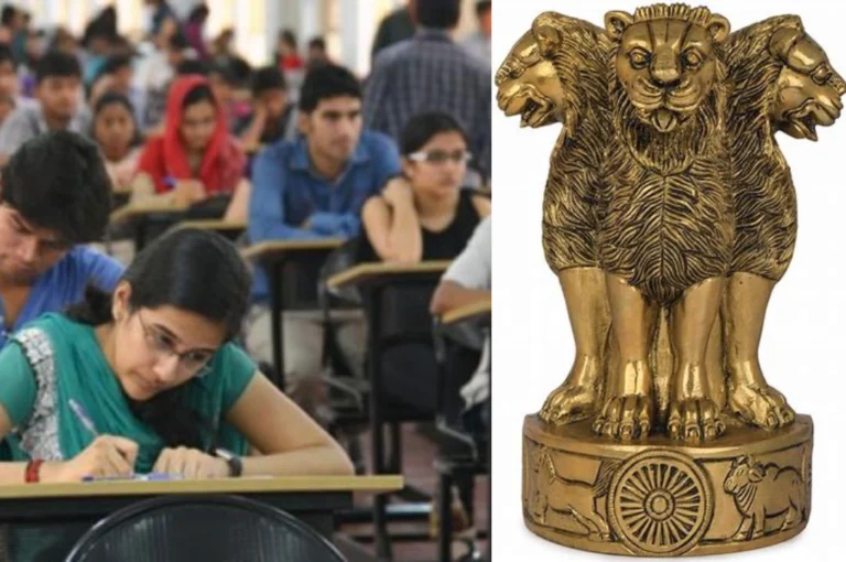 Students appearing for a competitive civil service examination, symbolizing dedication and focus, alongside the Ashoka emblem representing government authority — a visual representation of the WBCS Preparation Guide.