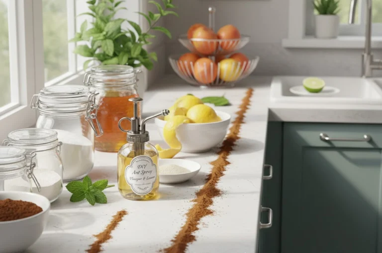 Natural ant prevention kitchen remedies including cinnamon powder barriers, lemon spray, and airtight glass jars on a clean white countertop.