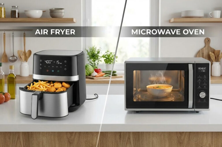 Side-by-side comparison showing a modern Air Fryer cooking fries and nuggets next to a Microwave Oven reheating soup on a kitchen counter