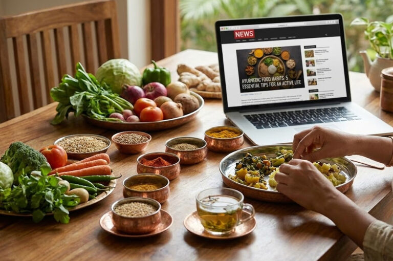 Ayurvedic Food Habits showing healthy meal with spices and herbal tea for active lifestyle.