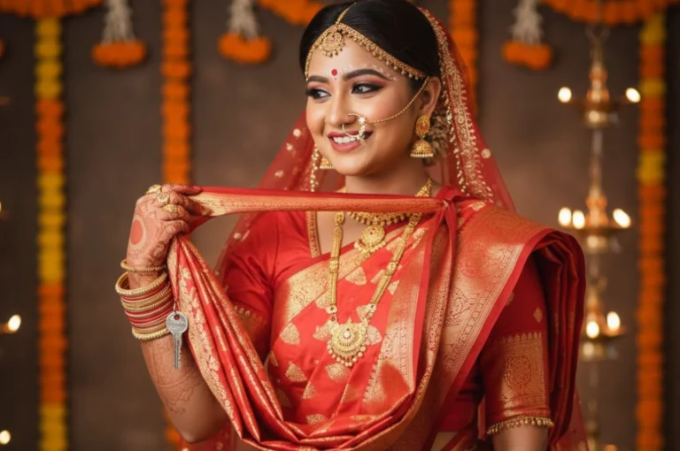 Bride wearing a red Banarasi saree styled in traditional wedding saree draping with gold jewelry and classic Bengali bridal look