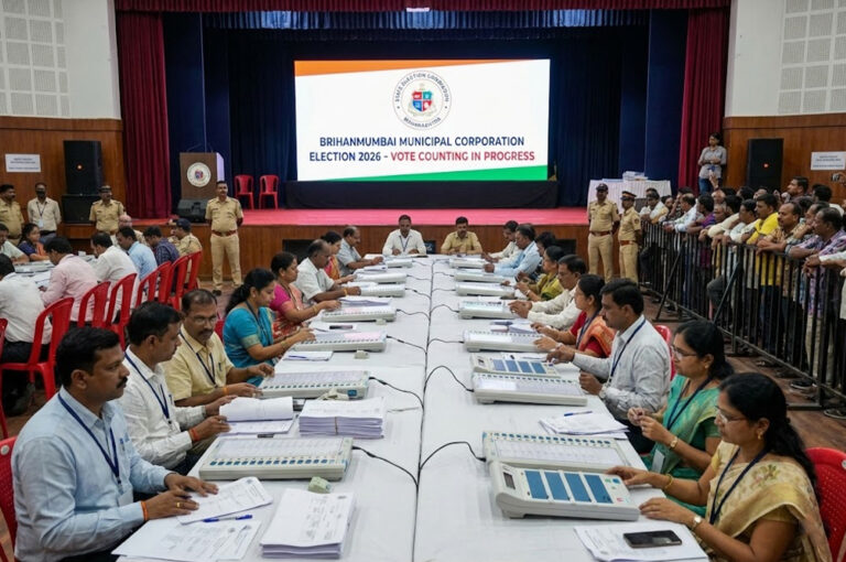 Election results Mumbai showing BMC election counting center and officials with EVM machines in Maharashtra 2026.