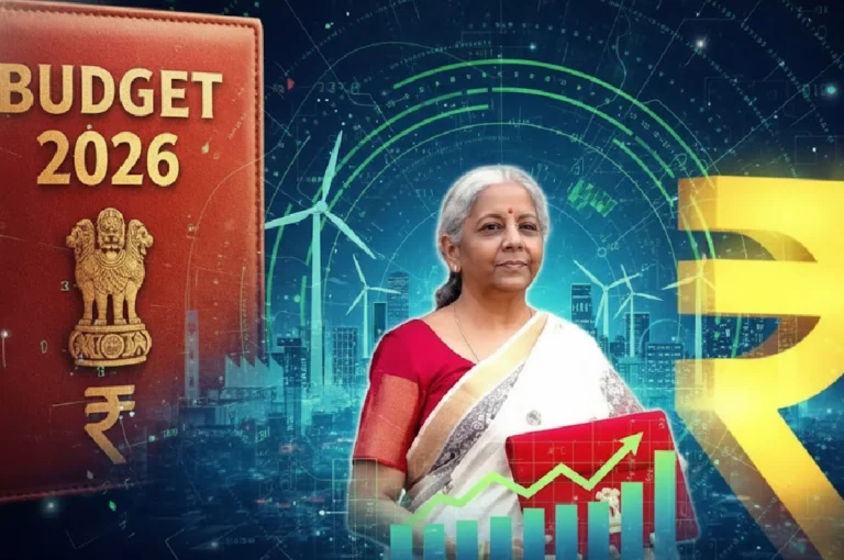 Union Budget 2026 preview showing Finance Minister Nirmala Sitharaman with budget document, growth charts and Indian rupee symbol indicating economic outlook
