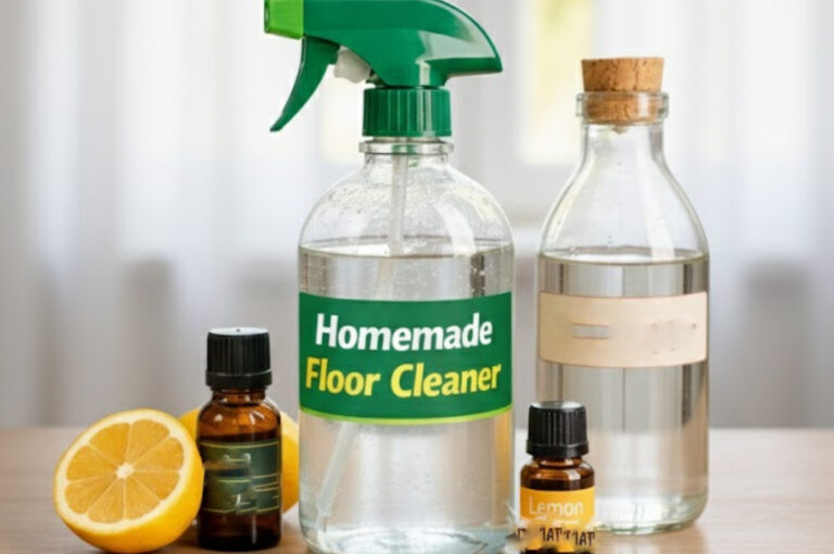 Bottles of vinegar, lemon, and essential oils beside a spray bottle labeled “Homemade Floor Cleaner” on a clean wooden surface — a natural DIY homemade floor cleaner setup.