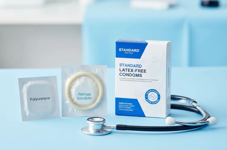 কন্ডোম ব্যবহারে অ্যালার্জি? জেনে নিন নিরাপদ বিকল্প পদ্ধতি | Condom Allergy Symptoms Condom Allergy Symptoms: Display of latex-free condoms, female condoms, and medical stethoscope for allergy safety.