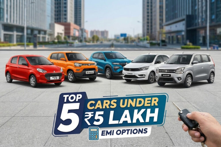 Best cars under 5 lakhs in India with EMI options text. Cars include Maruti Alto K10, S-Presso, Renault Kwid, Tata Tiago, and Wagon R with a hand holding a key