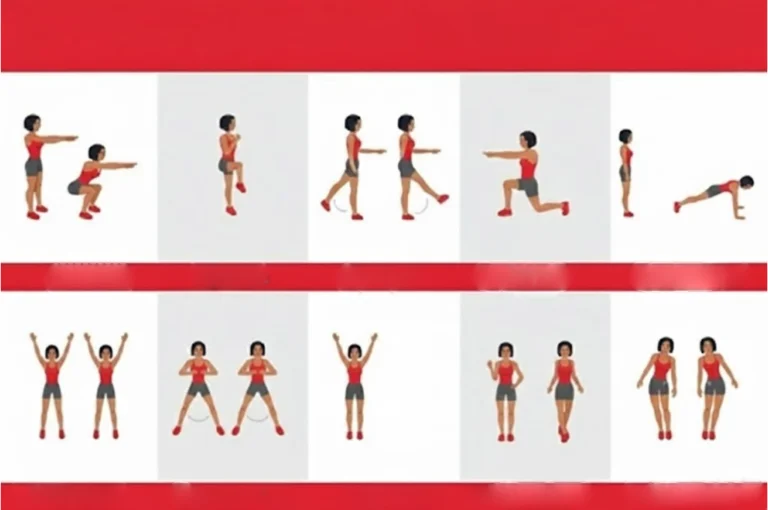 Woman performing home workout routine — squats, lunges, planks, jumping jacks, and skipping as part of a 10-minute exercise plan for New Year Fitness Resolution 2026.