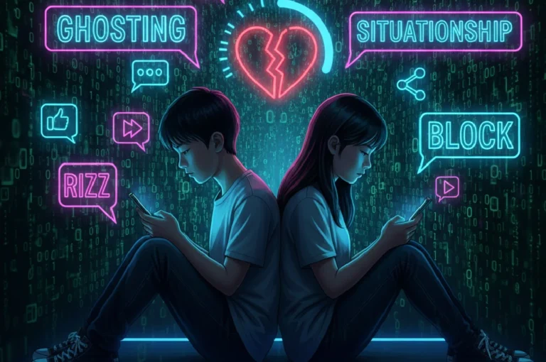 Illustration of a couple separated by digital slang like Ghosting and Situationship, representing Gen Z Love Trends 2026.