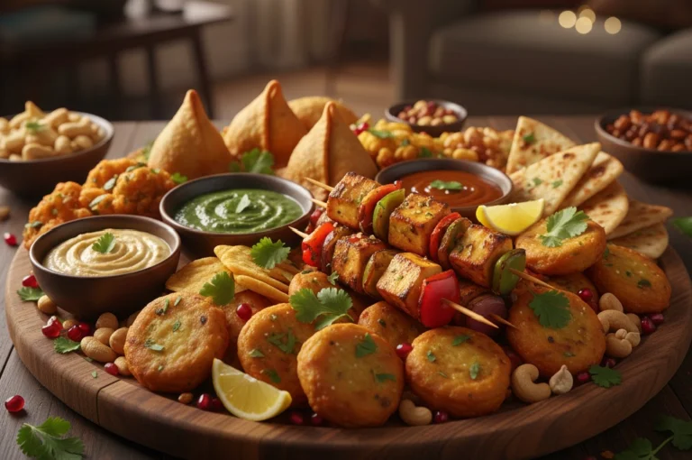 A wooden platter with chicken gold coins, prawns, and paneer fingers, representing Quick Snack Recipes for unexpected guests.