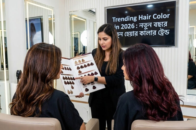Indian woman showing trending hair color in 2026 with chocolate brown and burgundy highlights suitable for Indian skin tone.