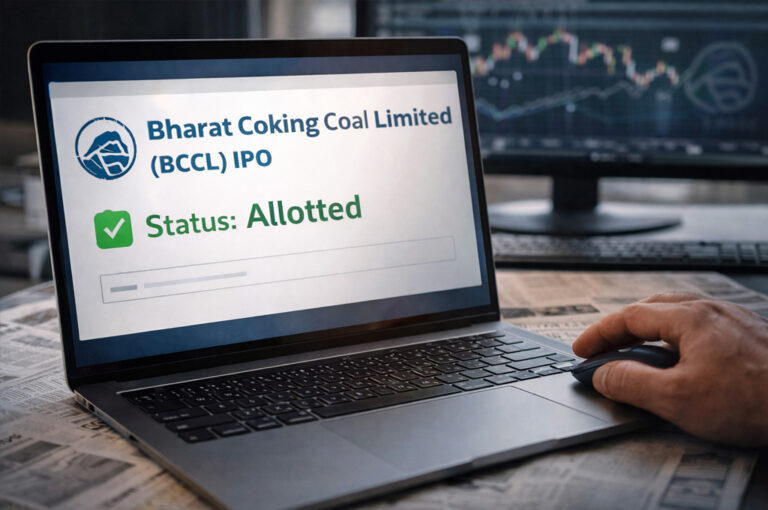 Laptop screen showing Bharat Coking Coal Limited BCCL IPO allotment status marked as allotted, with a hand holding a mouse and stock market chart in the background