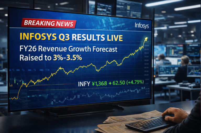 Large digital screen in a financial news studio displaying Infosys Q3 results live, FY26 revenue growth forecast raised, and an upward trending INFY share price graph