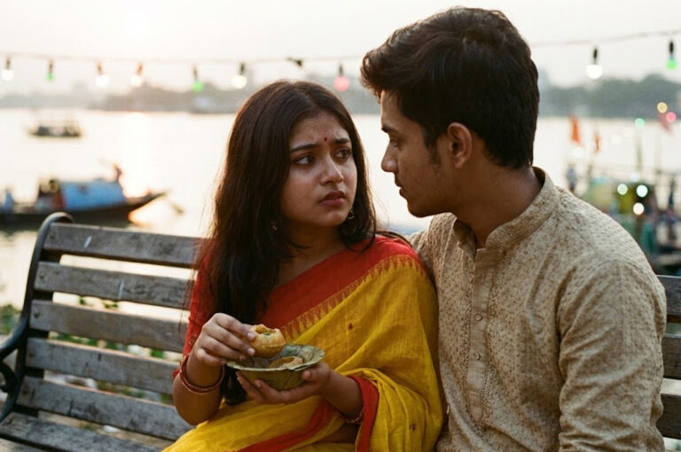 A young couple sharing a quiet moment during Saraswati Puja, representing the Love or Friendship Bengali dilemma.