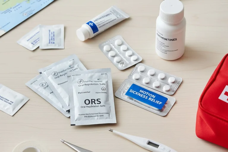 Travel Medicine Kit items including ORS, paracetamol, and motion sickness tablets on a table.