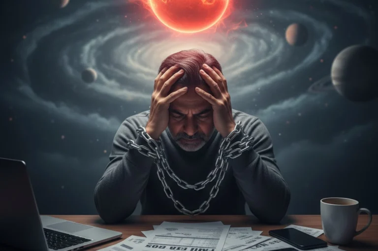 “Stressed person surrounded by financial documents symbolizing debt and planetary influence, representing MAngol Dosh Remedies for financial and mental relief.”
