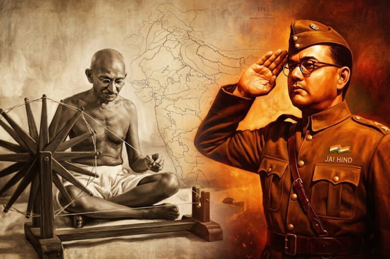 Comparative visual of Gandhi and Netaji, illustrating the Netaji vs Gandhi ideological conflict.