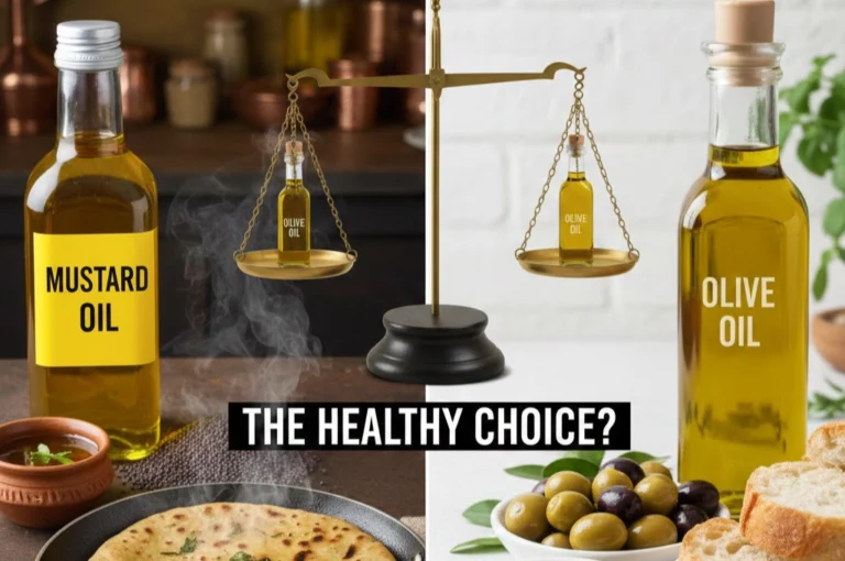 রান্নায় সর্ষের তেল না অলিভ অয়েল? শীতে কোনটি ভালো? | Mustard Oil vs Olive Oil “Mustard Oil vs Olive Oil comparison showing both oils in bottles with balance scale – exploring which is the healthier choice.”