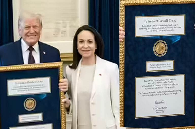 Trump Nobel Prize Drama showing Venezuelan leader Machado gifting her Nobel medal to Trump at Mar-a-Lago.