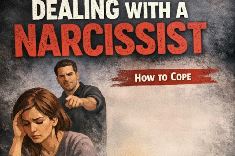 Dealing with Narcissist partner concept art showing a woman looking at mirror reflection with sad expression.