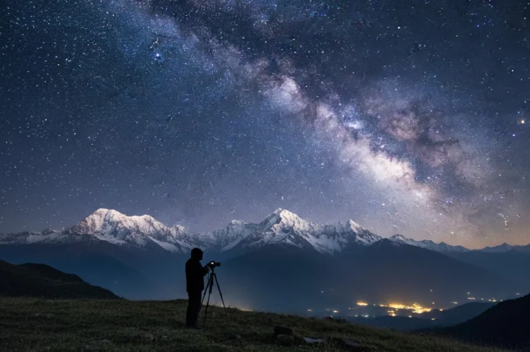 Photographer capturing the Milky Way galaxy over snow peaks from Tonglu, representing Best Astro Photography Place.
