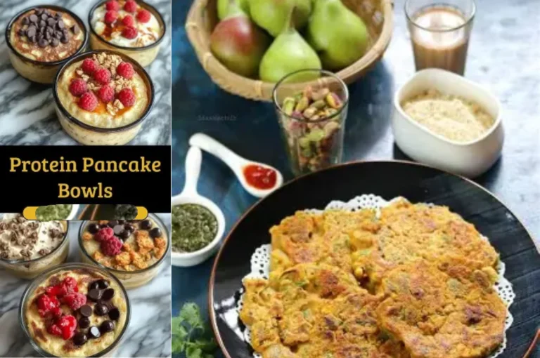 High Protein Breakfast showing oats pancake with banana and honey on a plate.