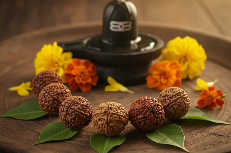 Different types of Rudraksha beads (1 to 5 mukhi) arranged for worship, symbolizing Rudraksha for Success.
