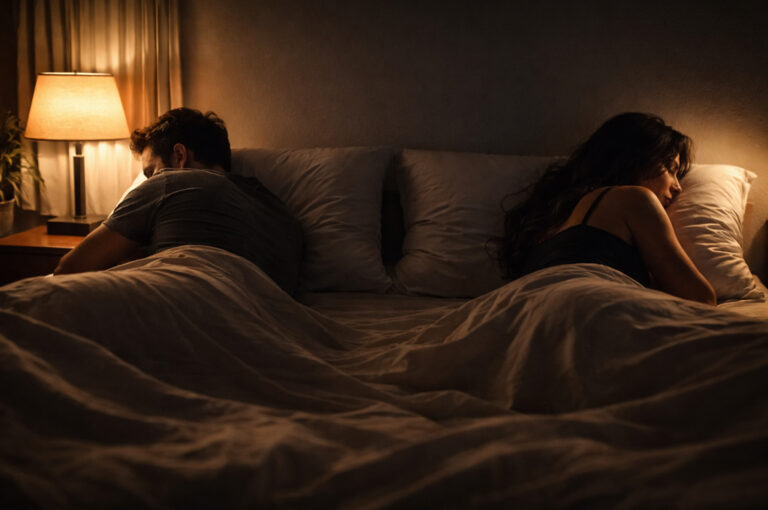 A couple lying back-to-back in bed under dim light, symbolising emotional distance and lack of intimacy in a relationship