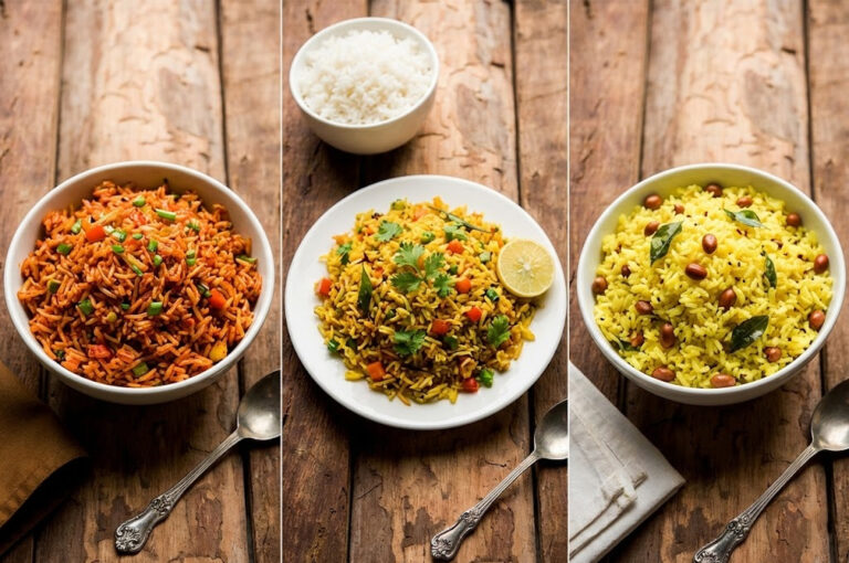 বাসি ভাত দিয়ে তৈরি ৩টি ভিন্ন স্বাদের ডিনার রেসিপি - শেজওয়ান ফ্রায়েড রাইস, মুম্বই স্টাইল তাওয়া পোলাও এবং পিনাট লেমন রাইস।