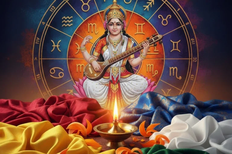 Colorful fabrics arranged with zodiac signs, representing Saraswati Puja Dress selection based on astrology.