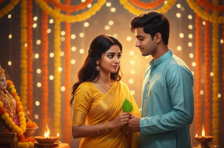 Bengali couple celebrating love on Basant Panchami, symbolizing Saraswati Puja Love Rituals.