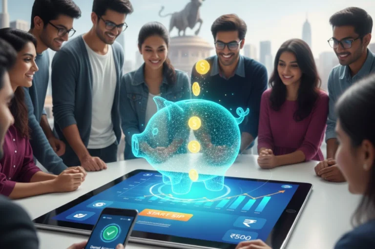 How to start SIP with ₹500 showing young beginners learning systematic investment through a digital platform and smart investing tools