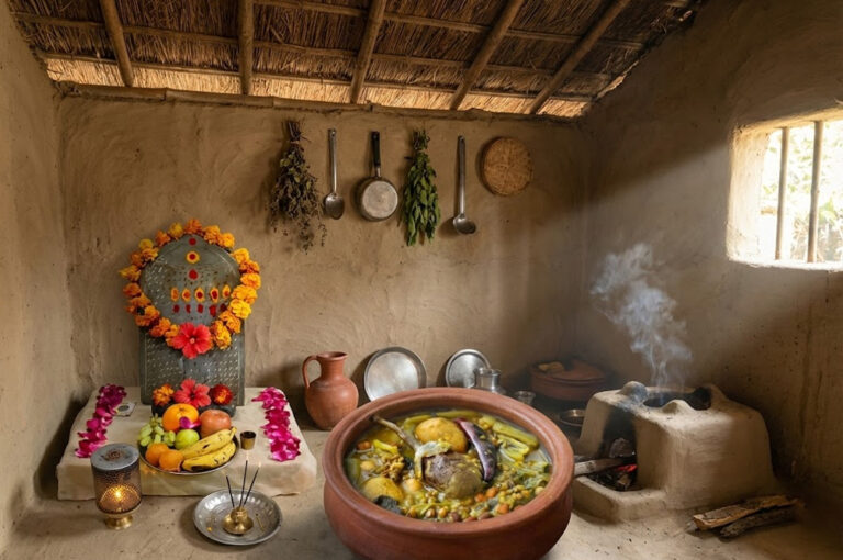 Traditional worship of Shilnora with Gota Sheddho and Jora Ilish, representing the Sijne Sosthi Ritual.