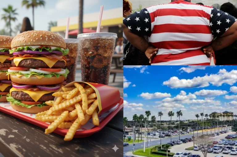 স্থূলতার ফাঁদে বন্দি শহর: যেখানে নিঃশ্বাস নেওয়াও যেন এক ওজনদার লড়াই │ McAllen world’s most obese city Fast food combo meals, obesity-affected lifestyle, and urban view of McAllen showing why it is known as McAllen world's most obese city