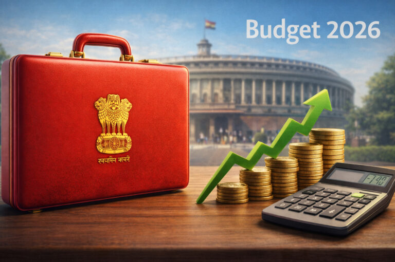 Union Budget 2026 income tax expectations shown through a red budget briefcase, rising rupee coins, and growth arrow, symbolising possible middle-class tax relief