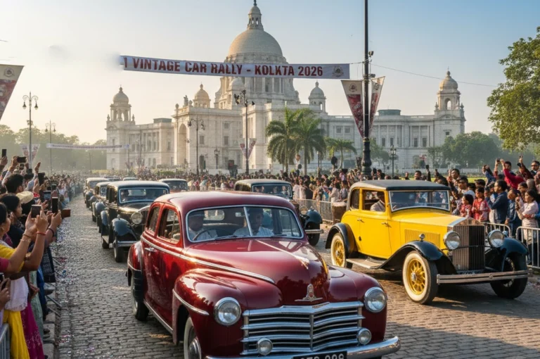 Vintage & Classic Car Rally Kolkata showcasing restored classic cars passing Victoria Memorial with cheering crowds during the 2026 rally.