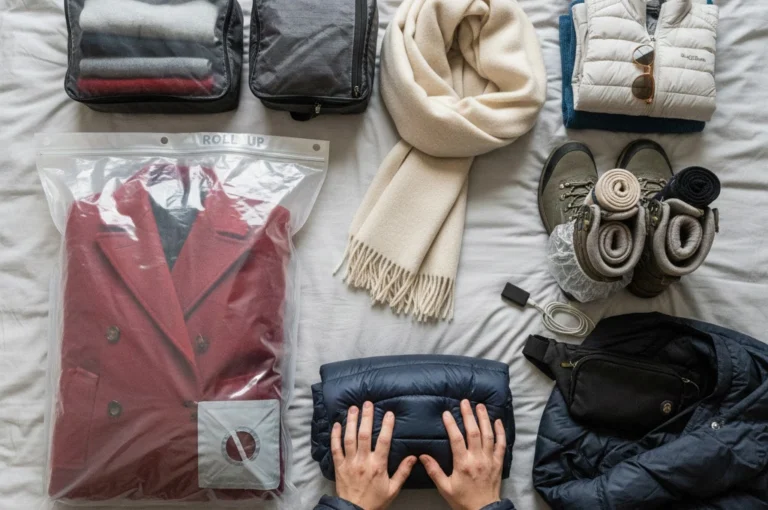 Flat lay of winter clothes and travel essentials showing smart Winter Travel Packing Hacks with vacuum bag, coat, boots, and folded outfits.