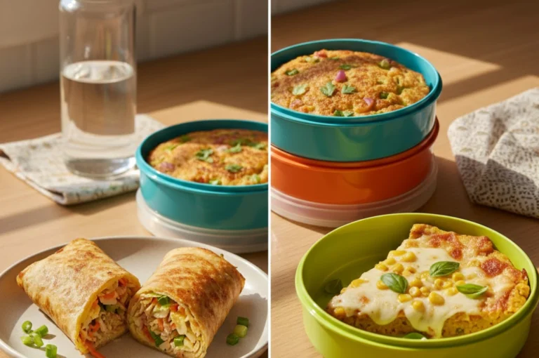 Collage of Liquid Dough Egg Roll, Rice Pancake, and Moong Dal Pizza packed in tiffin boxes, illustrating Easy Tiffin Recipes.