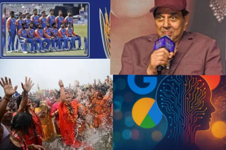 A collage showing the Top 5 Google Searches in India 2025 — Indian cricket team group photo representing IPL and Asia Cup, a senior Indian actor at a media event, Hindu devotees participating in the Maha Kumbh Mela holy bath, and an abstract digital illustration symbolizing artificial intelligence and Google technology.